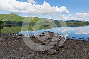 Derwent Water Lake District Cumbria England uk south of Keswick blue sky beautiful calm sunny summer day