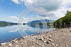 Derwent Water Lake District Cumbria England uk south of Keswick blue sky beautiful calm sunny summer day