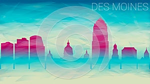 Des Moines Iowa City Skyline Vector Silhouette. Broken Glass Abstract  Textured. Banner Background Colorful Shape Composition.