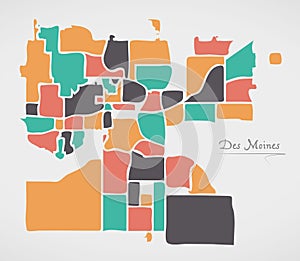 Des Moines Iowa Map with neighborhoods and modern round shapes