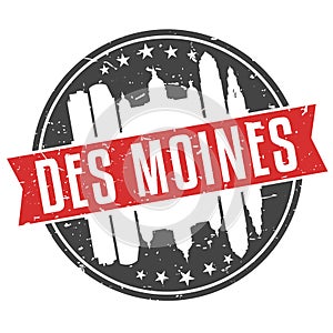 Des Moines Iowa Round Travel Stamp Icon Skyline City Design Seal Badge Illustration.