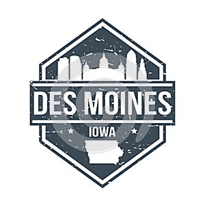 Des Moines Iowa Travel Stamp Icon Skyline City Design. Vector Seal Passport.