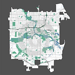 Des Moines map, capital city of the USA state of Iowa. Municipal administrative area map with rivers and roads, parks and railways
