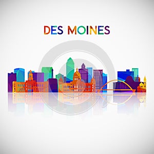 Des moines skyline silhouette in colorful geometric style.