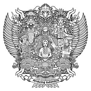 Indonesian females with amazing culture on garuda handdrawing outline illustration photo