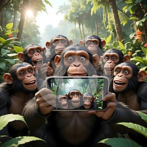 Chimpanzees Taking a Selfie in a Lush Jungle by AI Generated
