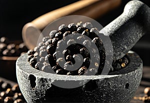 Black Peppercorns in Stone Mortar