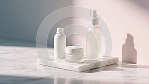 Spa-Themed Skincare Bottles Arranged on Elegant White Tray