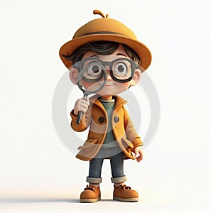 Cartoon Detective Boy Holding Magnifying Glass in Brown Trench Coat