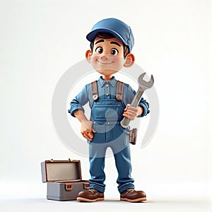 Young Male Cartoon Technician Holding Spanner and Toolbox