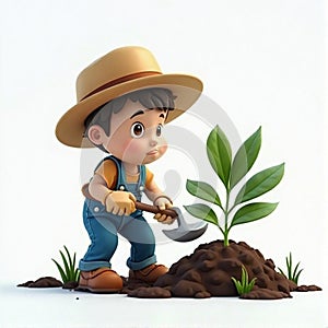 3D Cartoon Farmer Boy Planting Tree with Straw Hat
