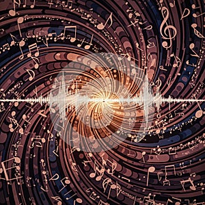Swirling Music Notes and Sound Wave Abstract