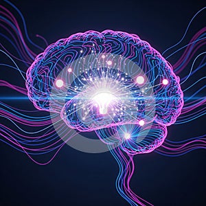 Abstract Digital Brain with Glowing Idea Lightbulb