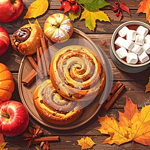 Fall Food Flat Lay with Cinnamon Rolls and Warm Drink