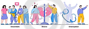 Descendant, divorce, emancipation concept with people character. Wife and husband break up vector illustration set. Marriage