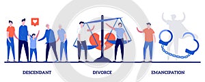 Descendant, divorce, emancipation concept with tiny people. Wife and husband break up abstract vector illustration set. Marriage