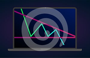 Descending bearish triangle breakouts flat laptop icon. Vector stock and cryptocurrency exchange graph, forex analytics