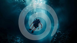 Descending into Darkness: Diver Plunges into the Abyss of the Underwater (AI-Generated)