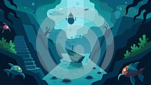Descending into the depths of a virtual shipwreck exploring its eerie remains and encountering hidden sea creatures