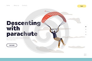 Descending with parachute concept of landing page with professional parachutist skydive