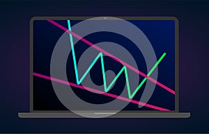 Descending wedge pattern figure technical laptop analysis. Vector stock and cryptocurrency exchange graph, forex analytics