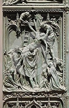 Descent from the Cross, detail of the main bronze door of the Milan Cathedral