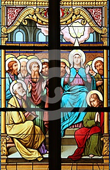 Descent of the Holy Spirit, stained glass window in Basilica Assumption of the Virgin Mary in Marija Bistrica, Croatia