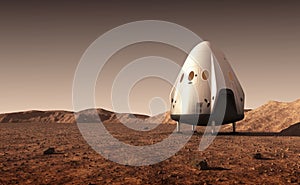 Descent Module Of Commercial Spacecraft On Surface Of Planet Mars