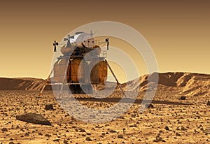 Descent Module Of Interplanetary Space Station On Surface Of Planet Mars