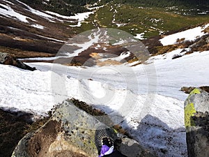 Descent from the mountain, snow, greens, a person steps on the d