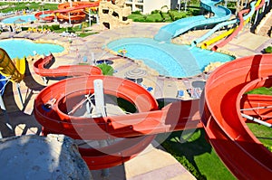 Descent on the water slide in aqua park. View from above