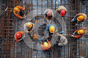 Construction Crew Working on Site from Above