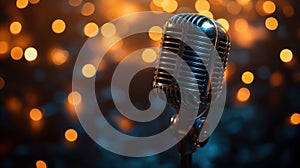 Vintage Silver Microphone on Dark Stage with Warm Bokeh Lights
