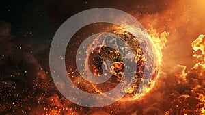 Description: A highly detailed image of Earth engulfed in towering flames against a dark, cloudy background, symbolizing extreme