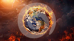 Description: A highly detailed image of Earth engulfed in towering flames against a dark, cloudy background, symbolizing extreme