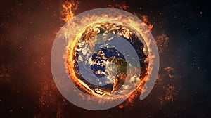 Description: A highly detailed image of Earth engulfed in towering flames against a dark, cloudy background, symbolizing extreme