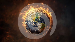 Description: A highly detailed image of Earth engulfed in towering flames against a dark, cloudy background, symbolizing extreme