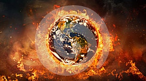 Description: A highly detailed image of Earth engulfed in towering flames against a dark, cloudy background, symbolizing extreme