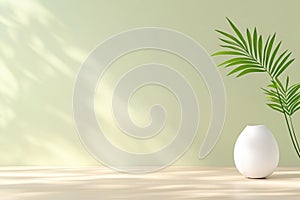 Green Clean Room Podium with Tropical Plant Leaves for Product Display photo