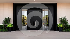 Contemporary black fiberglass front entry door with single door and sidelite photo