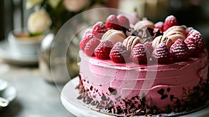 Description of a Pink Cake with Macaroons, Raspberries