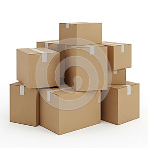Stack of Cardboard Moving Boxes with White Tape on a White Background