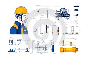 Professional Builder Engineer with Construction Instruments in Thin Line Style Vector Illustration