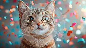 Colorful Cartoon Party Cat with Confetti for Festive Events photo