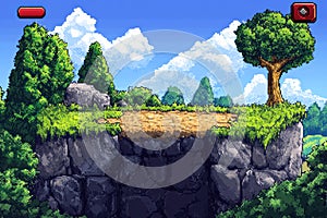 Retro Pixel Art Game Background with Level Up Button - Vector Illustration of Game Screen Design Concept