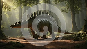 A descriptive scene with a stegosaurus walking through a forest. The stegosaurus is green and scaly photo