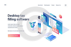 Desctop tax filling software. Isometric Landing page template. Woman filling tax form online. Web banner