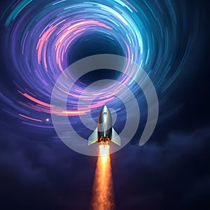 Explora el fascinante viaje de un cohete hacia un vÃ³rtice cÃ³smico lleno de colores vibrantes y energÃ­a photo