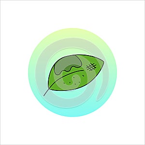Deseased plantn. Hand drawn vector illustration. Green leaf on blue background. For banner, flyer, poster, card, logo, badge