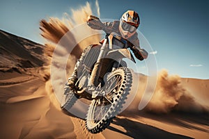 Desert adrenaline Motocross rider conquers dunes, soaring in extreme jumps